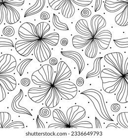 Seamless pattern with monochrome hand drawn outline flowers. Trendy botanical floral print for fabric, textiles, wrapping paper. Vector illustration