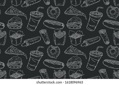 Seamless pattern of monochrome illustrations of fast food elements - burger, pizza, wok, kebab, hot dogs, cup and fries..