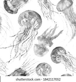 Seamless pattern with monochrome imitation watercolor jellyfish in different poses. Ocean and sea jellyfish of bright rainbow colors. Underwater world. Hand drawn illustration. Vector