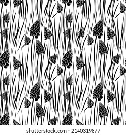Patrón sin foco. Patrón monocromo de inflorescencias. Flores de primavera. Blanco y negro. Para el diseño de varias superficies.