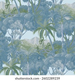 Seamless pattern with monochrome jungle forest. Palm trees, tropical leaves, nature landscape.  Vector