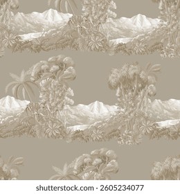 Seamless pattern with monochrome jungle forest. Palm trees, tropical leaves, nature landscape.  Vector