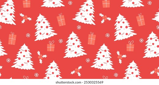 Seamless pattern with a monochrome name print with decorated fir trees, gifts, snowflakes. Vector graphics.