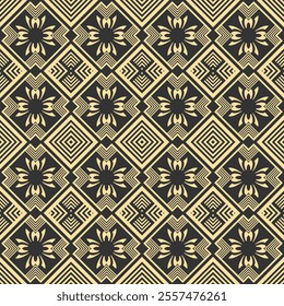 Seamless pattern with monochrome ornament with geometric and plant elements. White on black. Version 2. Vector illustration