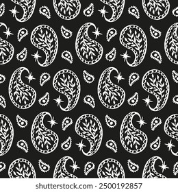 Nahtloses Muster mit monochromen Paisley-Motiven. Schwarz-weißer Boho-Hintergrund. Indisches traditionelles Design.