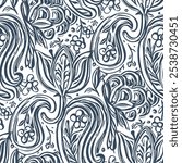 Seamless pattern with monochrome Paisley print.  Hand-drawn illustration. Vector