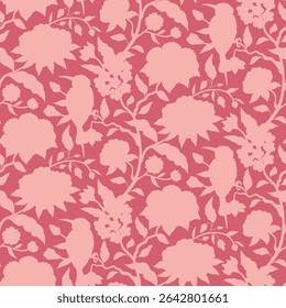 Seamless pattern with monochrome pastel pink chinoiserie hand drawn flowers and birds silhouettes. Floral wallpaper with chinese style trailing branches