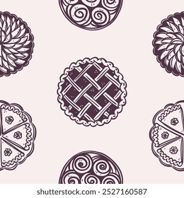 Seamless pattern of monochrome pies and buns on a beige background. Autumn baking and desserts. Hand-drawn black line art. Cozy fall season. Vector design