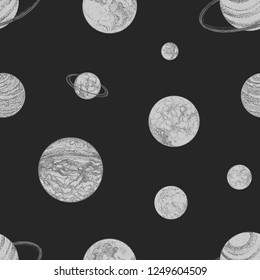 Seamless pattern with monochrome planets and other space objects on black background. Backdrop with celestial bodies hand drawn in dotwork style. Vector illustration for wrapping paper, fabric print.