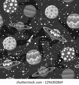 Seamless pattern with monochrome planets and other space objects on black background. Backdrop with celestial bodies hand drawn flat cartoon style. Vector illustration for wrapping paper, fabric print