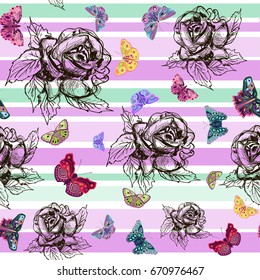 Seamless pattern, monochrome roses, colored butterflies, vector
