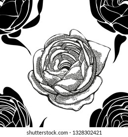 Seamless pattern with monochrome roses flowers, line art