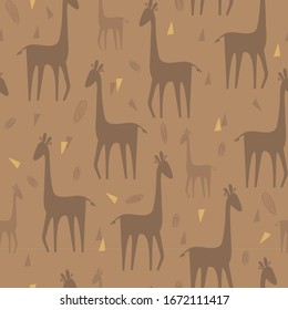 Seamless pattern with monochrome sand-colored giraffes.  Manual graphics.  Suitable for textile, design.