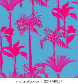Seamless pattern with monochrome silhouette palms and tropical trees. Vector.