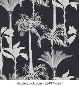 Seamless pattern with monochrome silhouette palms and tropical trees. Vector