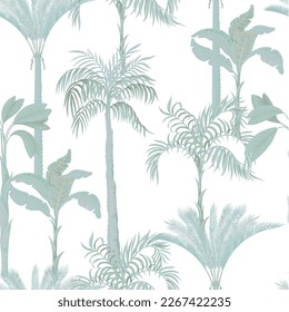 Seamless pattern with monochrome silhouette palms and tropical trees. Vector.