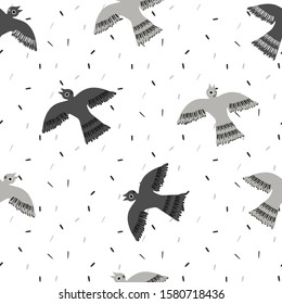 Seamless Pattern with Monochrome silhouettes Birds dove or pigeon in White, Gray and Black on the background Texture with Granules.