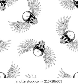 Patrón inexorable de cráneo monocromo con ilustración de alas. Plantilla de ilustración de vector