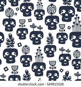 Seamless pattern with monochrome skulls with plants. Vector illustration.