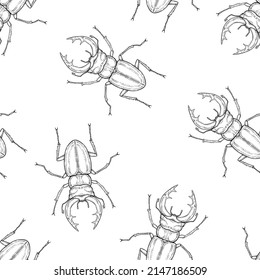 Seamless pattern of monochrome stag beetle illustration. Vector illustration template