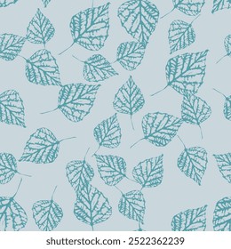 Padrão sem emenda com selos monocromáticos de folhas de árvore azul-petróleo. Natureza fundo grunge. Design de repetição de tinta floral.