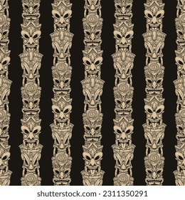 Seamless pattern monochrome Tiki masks with heads of Hawaiian deities to protect against evil eye and spirits vector illustration