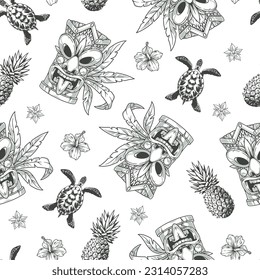 Seamless pattern monochrome Tiki masks with turtles and pineapples for beach festival or carnival scenery in Hawaii vector illustration