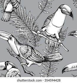 Seamless pattern of monochrome Toucan on branch and exotic leaves. Vector illustrations.