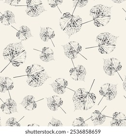 Seamless pattern with monochrome tree leaves stamps. Nature black and white grunge background. Floral inky repeat design.