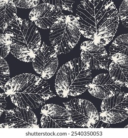 Seamless pattern with monochrome tree leaves stamps. Nature black and white grunge background. Floral inky repeat design.