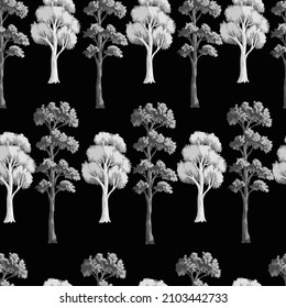 Seamless pattern with monochrome trees. Vector