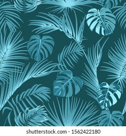 Seamless pattern with  monochrome tropical jungle palm tree leaves. Botanical vector illustration.