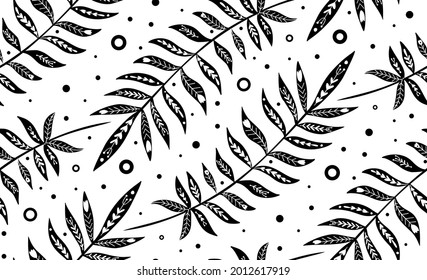 Seamless pattern with monochrome tropical leaves with folk decoration. Texture with black silhouette of leaves with tribal ornament. Vector wallpaper with branch of rainforest. Natural fabric