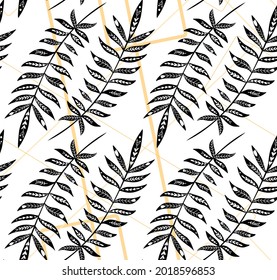 Seamless pattern with monochrome tropical leaves with folk decoration on gold geometric lines. Texture of black leaves with tribal ornament. Vector wallpaper with branch of rainforest. Natural fabric