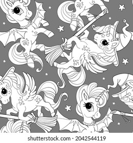 Nahtloses Muster mit einfarbiger Einhorn-Hexe mit Besen. Magischer Hintergrund mit Einhörnern. Halloween-Konzept. Vektorgrafik. Für Design, Druck, Dekoration, Tapeten, Leinen, Geschirr, Textilien.