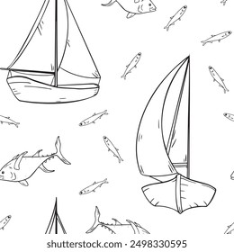 Seamless pattern monochrome vector of sailing ships isolated. Sailboat water transport big and small fish black and white graphic hand drawn. Childish nautical endless outline design background.