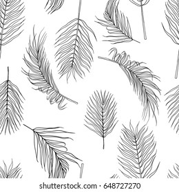Seamless pattern of monochrome vector tropical palms leaves on white background. Line art for textile print and paper
