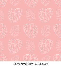 Seamless pattern of monochrome vector tropical plants leaves on pink background. Line art for textile print and paper