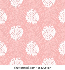 Seamless pattern of monochrome vector tropical plants leaves on pink background. Line art for textile print and paper