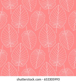 Seamless pattern of monochrome vector tropical plants leaves on coral pink background. Line art for textile print and paper