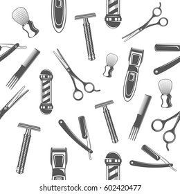 Seamless pattern with monochrome vintage style tools for barber shop and shaving accessories collection. Wallpaper for printing. Design background. Vector illustration for various creative projects.