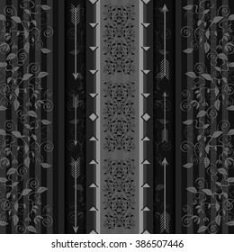 Seamless pattern, monochrome wallpaper with a picture of flowers, stripes in a vintage style, arrows and geometric shapes.