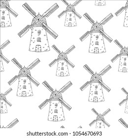 Seamless pattern of monochrome windmills by ink on white background. Vector illustration