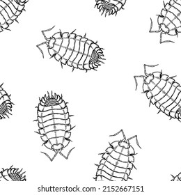 Seamless pattern of monochrome woodlouse illustration. Vector illustration template