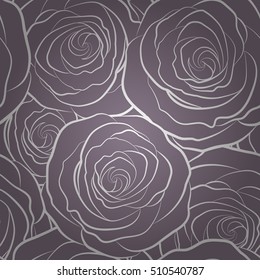 Seamless pattern with monochromee abstract violet stylized roses silhouette. Vector illustration.