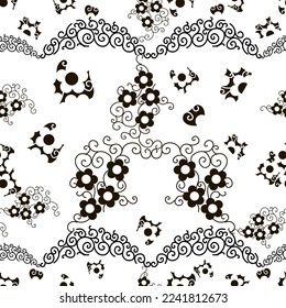 Seamless pattern of monograms and daisies in black. Vector illustration.