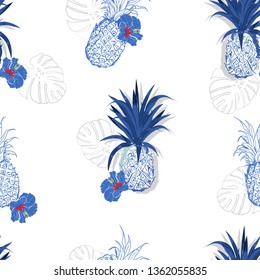  Seamless pattern. monotone blue Pineapple and hibiscus background. Vector illustration. Design for invitations, greeting cards, wrapping paper, posters, fabric print on white 