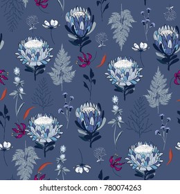 Seamless Pattern monotone blue protea flowers,  Isolated on  bluecolor. Botanical Floral Decoration Texture. Vintage Style Design for Fabric Print, Wallpaper Background.