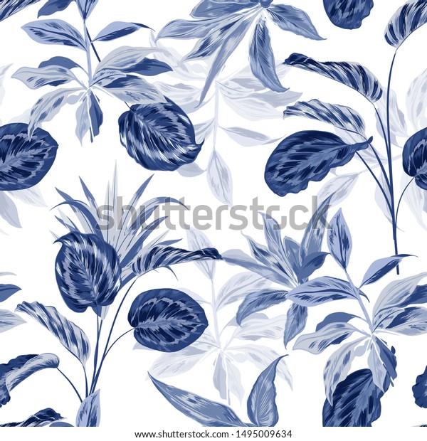 Seamless pattern monotone blue tropical in the forest unique design in vector for fashion, fabric, wallpaper , wrapping , and all prints on white background color