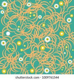 A seamless pattern of monotonous elements arranged chaotically and small flowers. Vector Illustration